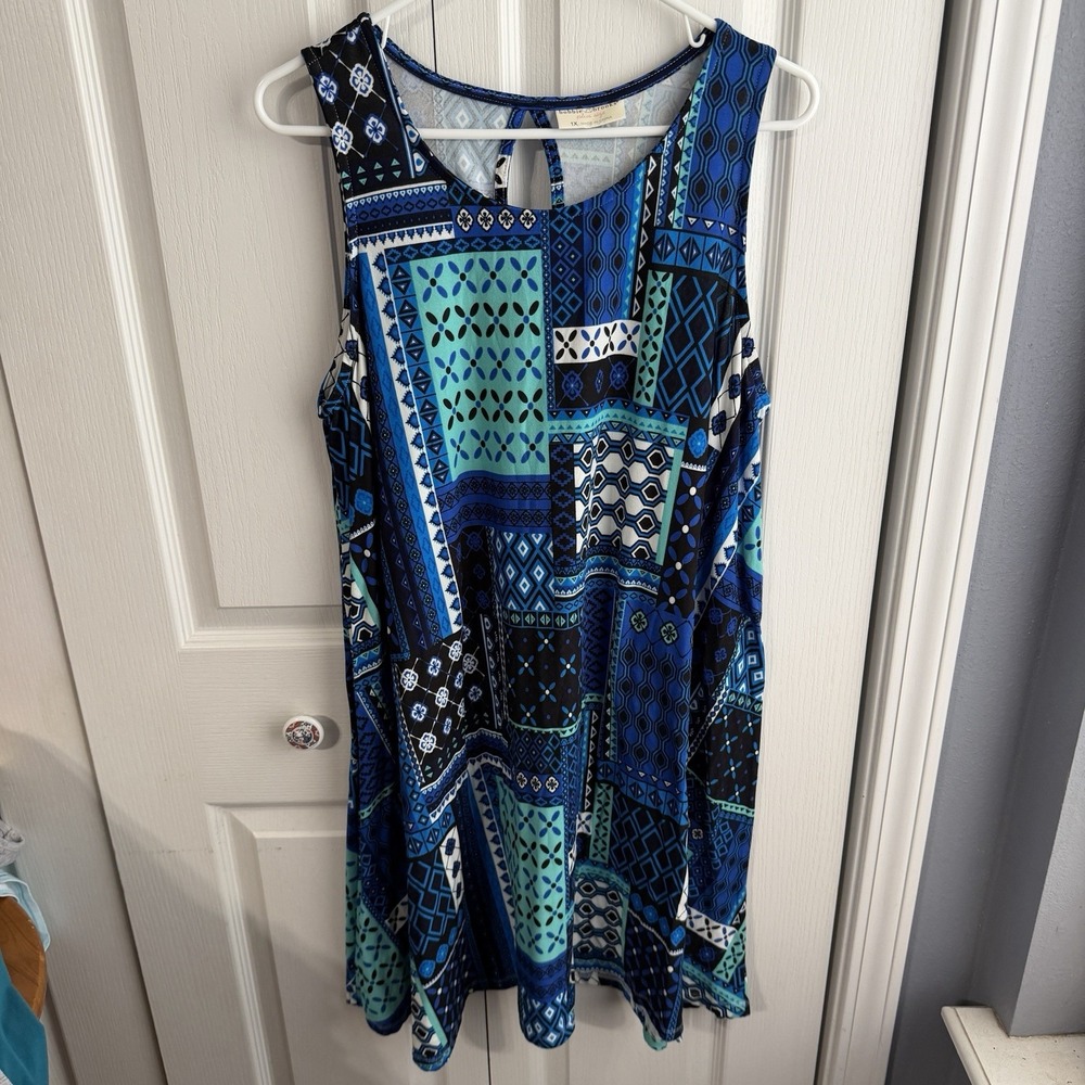 Bobbie Brooks Blue Geometric Patchwork Midi Tank Dress Women's Size 1X Beach